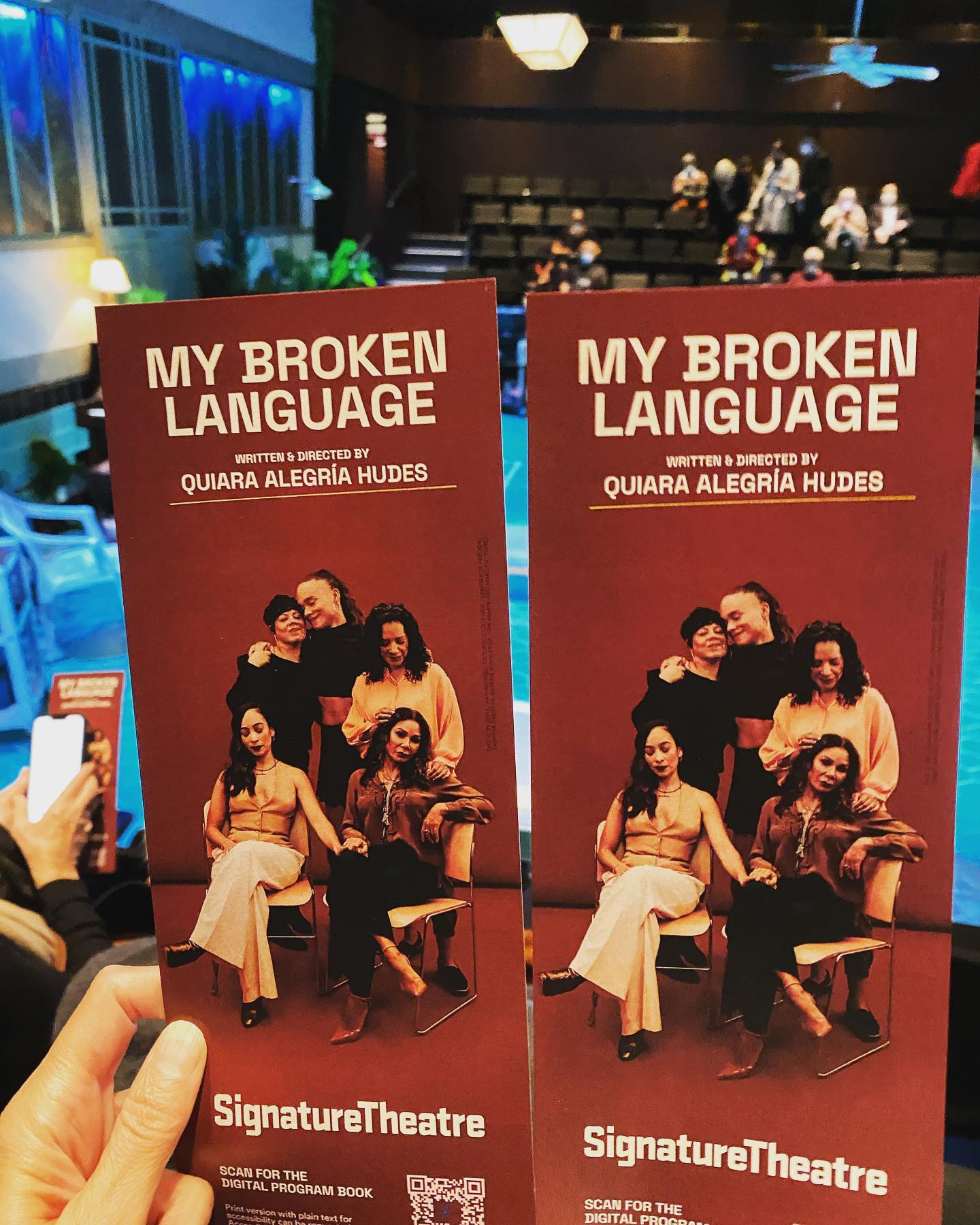 A great night @signatureinnyc watching  My Broken Language, a beautiful, personal play written and directed by @quiaraalegria . The language is exquisite. The performances are dynamic and graceful (they each play multiple roles). It’s a celebration of sisterhood, the female body, culture, literature, and feeling seen. We enjoyed an insightful interview with the playwright before the show which was an added delight! Signature’s season is starting out strong! #signaturetheatre #offbroadway #newplays #quiaraalegríahudes #nyctheatre #nonprofittheatre #offbroadwayplay #playwrights #ilovetheatre